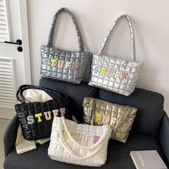 Chenille Letter Tote Bag Quilted Puffy Shoulder Bag