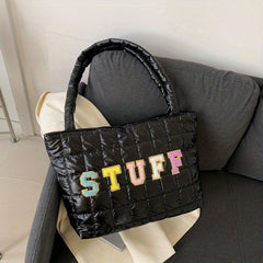 Chenille Letter Tote Bag Quilted Puffy Shoulder Bag