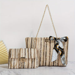 2 Pcs Colorful Straw Bag Sets Woven Tote & Chain Shoulder Bag