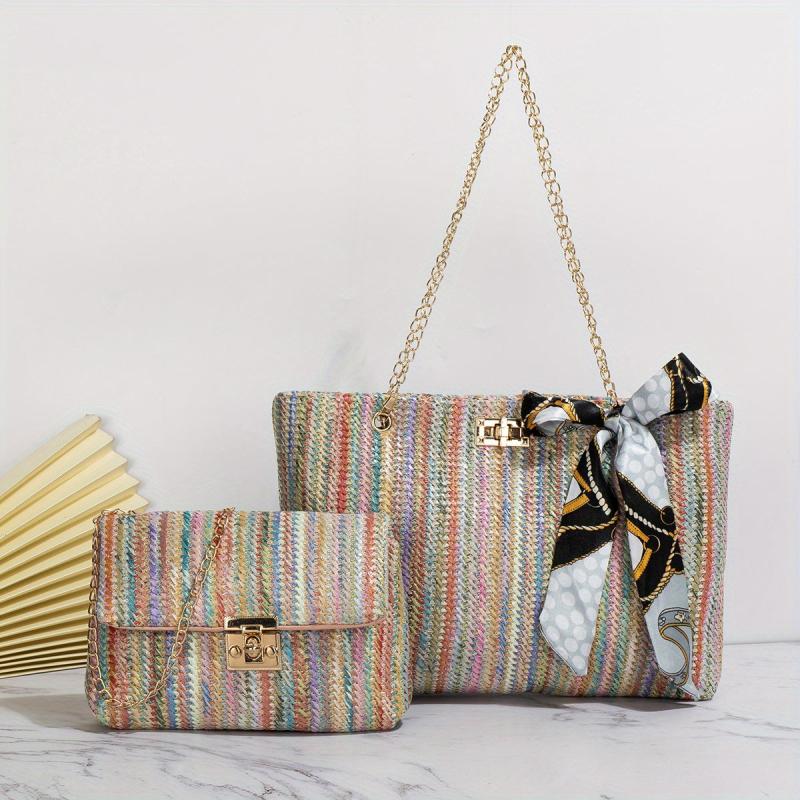 2 Pcs Colorful Straw Bag Sets Woven Tote & Chain Shoulder Bag