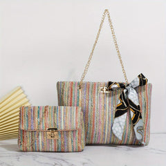 2 Pcs Colorful Straw Bag Sets Woven Tote & Chain Shoulder Bag