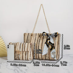 2 Pcs Colorful Straw Bag Sets Woven Tote & Chain Shoulder Bag