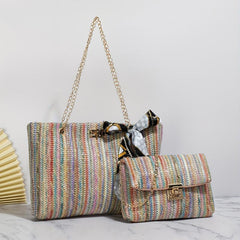 2 Pcs Colorful Straw Bag Sets Woven Tote & Chain Shoulder Bag