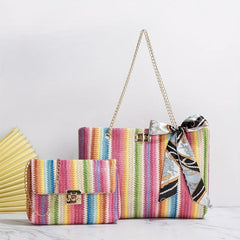 2 Pcs Colorful Straw Bag Sets Woven Tote & Chain Shoulder Bag