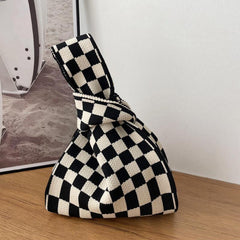Checkerboard Pattern Knitted Bag Lightweight Satchel for All Match