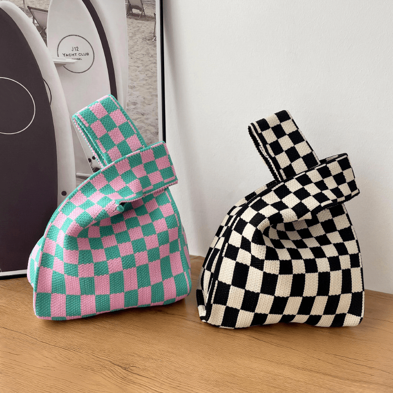 Checkerboard Pattern Knitted Bag Lightweight Satchel for All Match