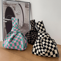 Checkerboard Pattern Knitted Bag Lightweight Satchel for All Match