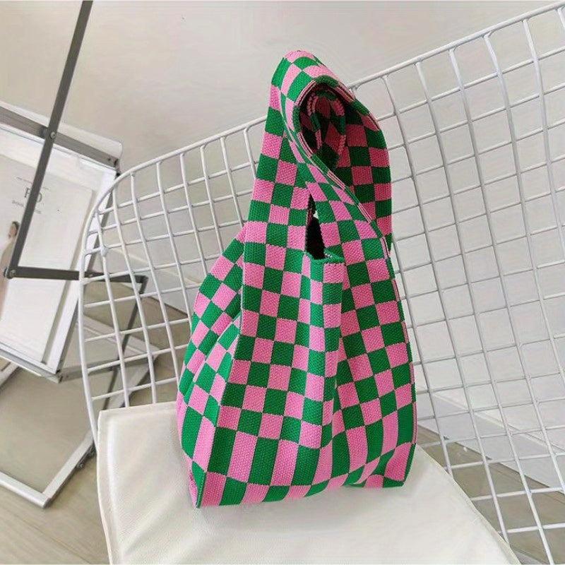 Checkerboard Pattern Knitted Bag Lightweight Satchel for All Match