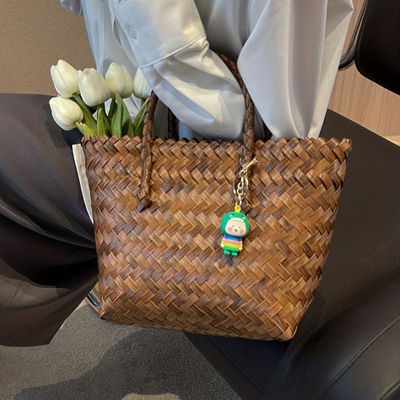 Vintage Bamboo Woven Beach Bag Large Tote Bag