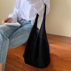 Solid Crochet Shoulder Bag Minimalist Knitted Storage Bag