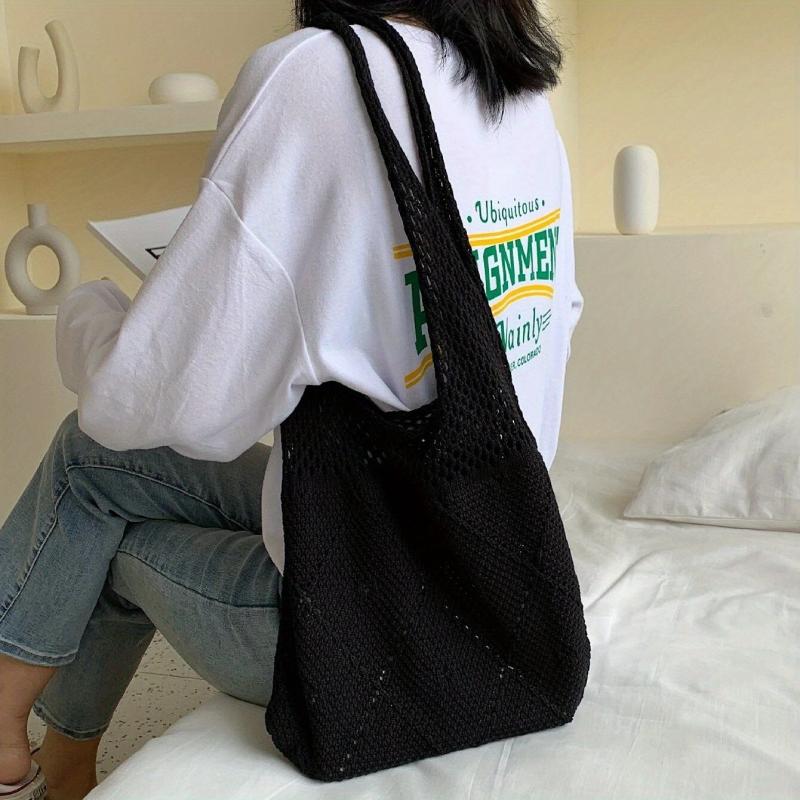 Solid Crochet Shoulder Bag Minimalist Knitted Storage Bag