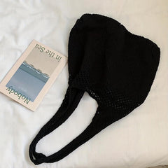Solid Crochet Shoulder Bag Minimalist Knitted Storage Bag