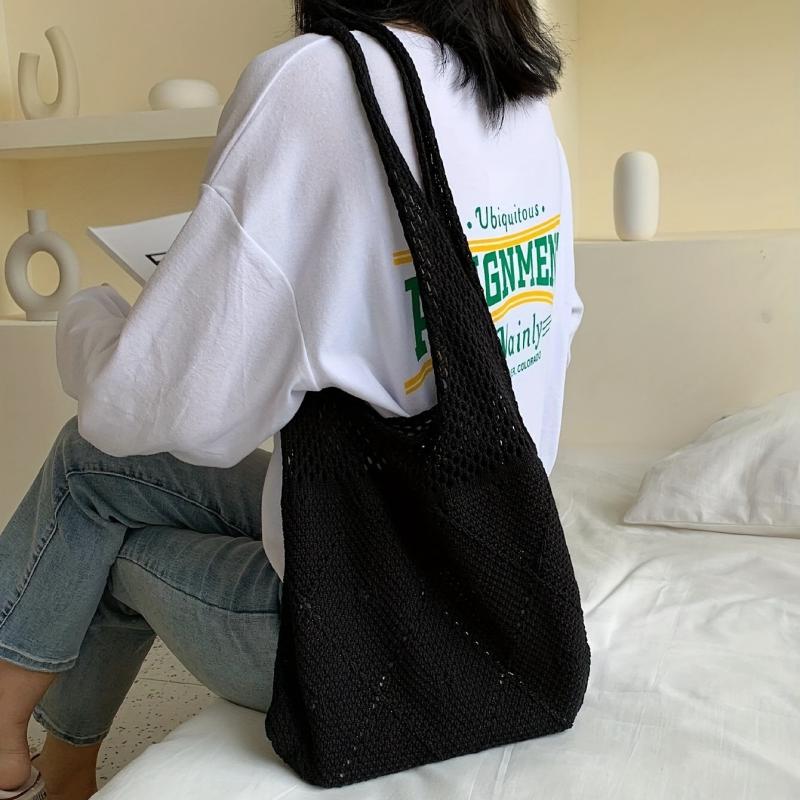 Solid Crochet Shoulder Bag Minimalist Knitted Storage Bag