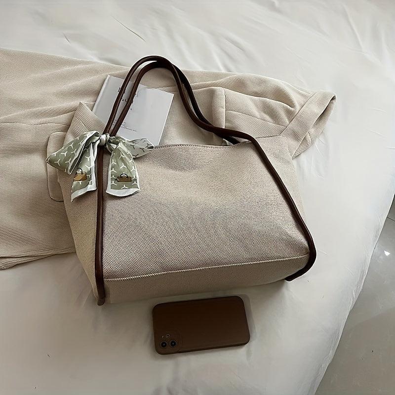 Stylish Canvas Shoulder Bag with Scarf Decor