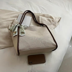 Stylish Canvas Shoulder Bag with Scarf Decor