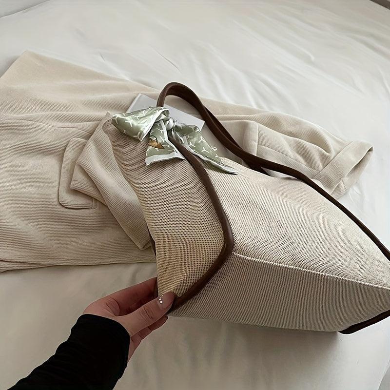Stylish Canvas Shoulder Bag with Scarf Decor