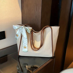Stylish Canvas Shoulder Bag with Scarf Decor