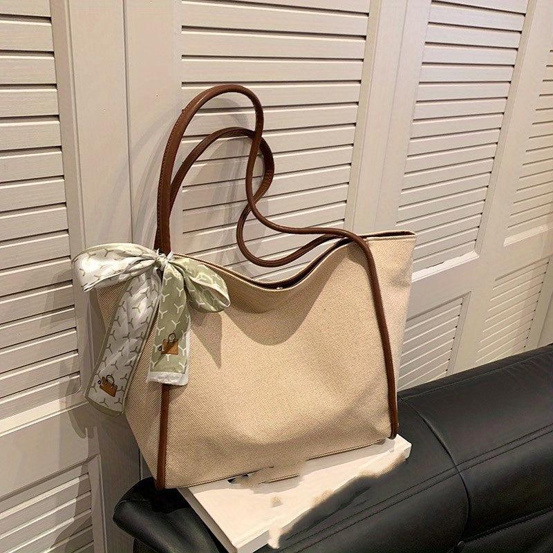 Stylish Canvas Shoulder Bag with Scarf Decor