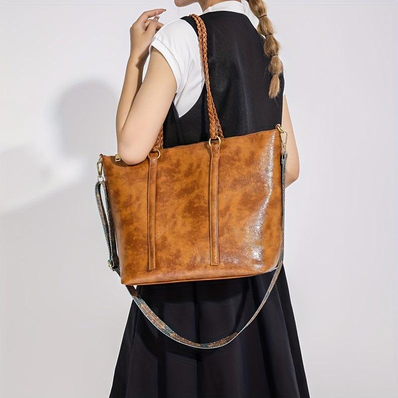Vintage Large Capacity Tote Bag PU Shoulder Satchel Bohemian Casual Handbag