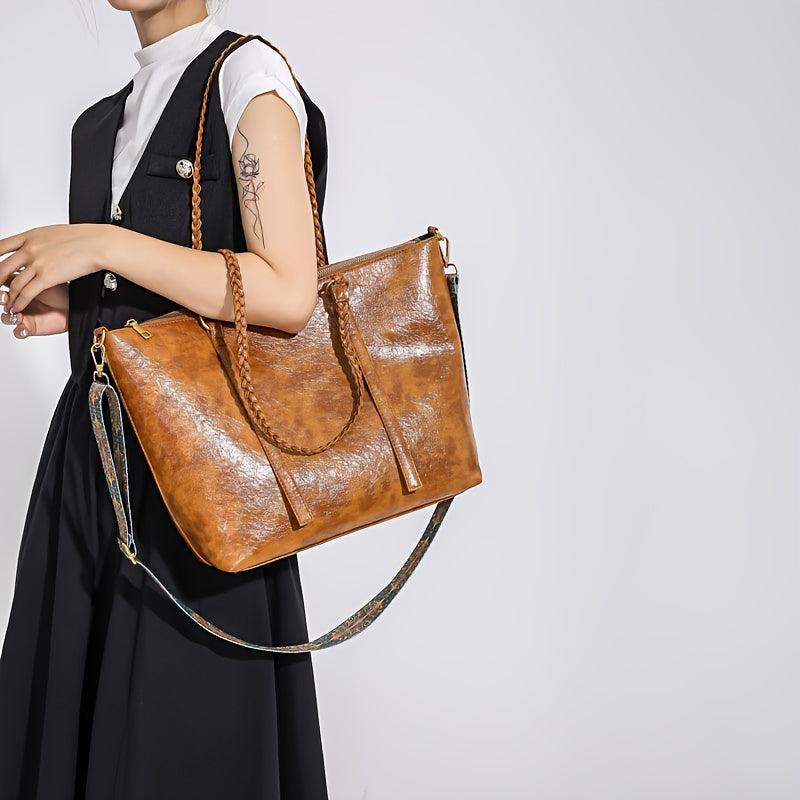 Vintage Large Capacity Tote Bag PU Shoulder Satchel Bohemian Casual Handbag