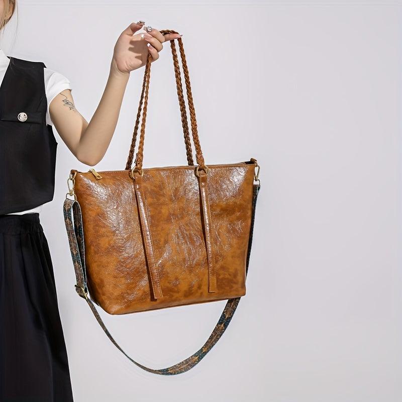 Vintage Large Capacity Tote Bag PU Shoulder Satchel Bohemian Casual Handbag