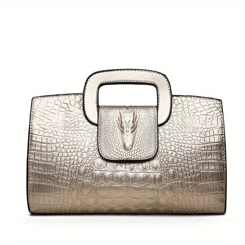 Crocodile Embossed Handbag Buckle Decor Crossbody Bag
