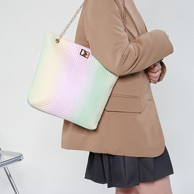 Gradient Tote Quilted Shoulder Bag Chain Turn Lock Detail Faux Leather