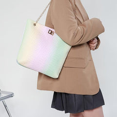 Gradient Tote Quilted Shoulder Bag Chain Turn Lock Detail Faux Leather