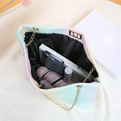 Gradient Tote Quilted Shoulder Bag Chain Turn Lock Detail Faux Leather