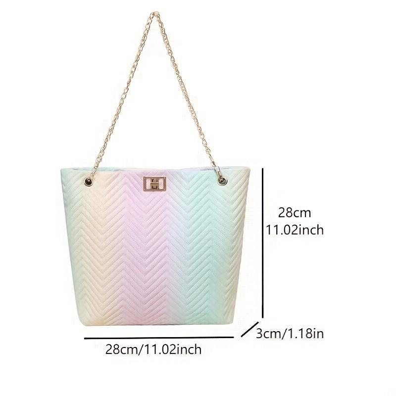 Gradient Tote Quilted Shoulder Bag Chain Turn Lock Detail Faux Leather