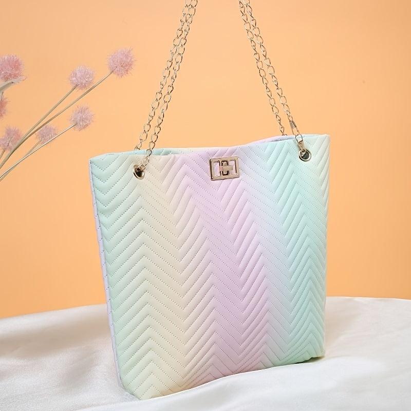 Gradient Tote Quilted Shoulder Bag Chain Turn Lock Detail Faux Leather