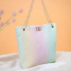 Gradient Tote Quilted Shoulder Bag Chain Turn Lock Detail Faux Leather