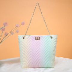 Gradient Tote Quilted Shoulder Bag Chain Turn Lock Detail Faux Leather
