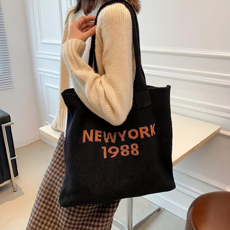 Letter Graphic Knitted Tote Bag Large Capacity Y2K Grunge Hobo Bag