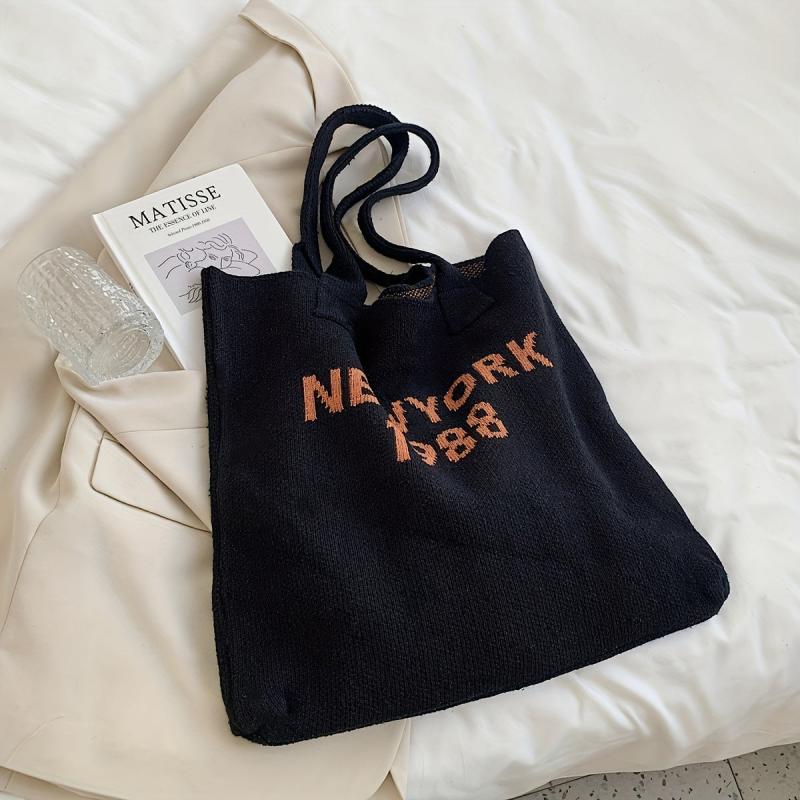 Letter Graphic Knitted Tote Bag Large Capacity Y2K Grunge Hobo Bag