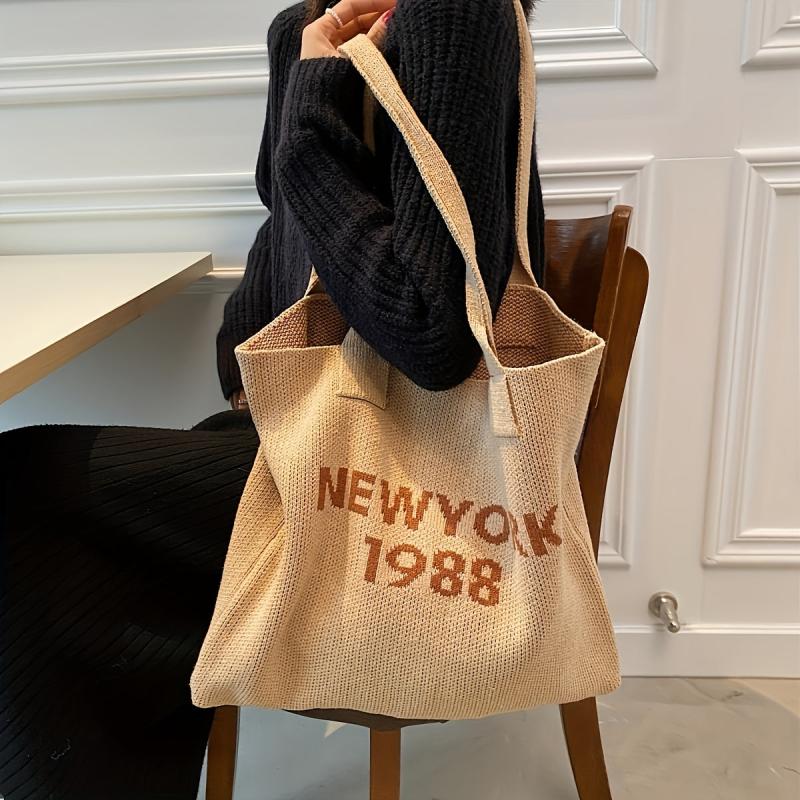 Letter Graphic Knitted Tote Bag Large Capacity Y2K Grunge Hobo Bag