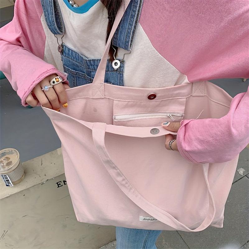 Pink Canvas Shoulder Bag Large Capacity Lightweight Storage Bag
