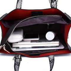 Crocodile Embossed Square Satchel Bag with Snake Skin Straps