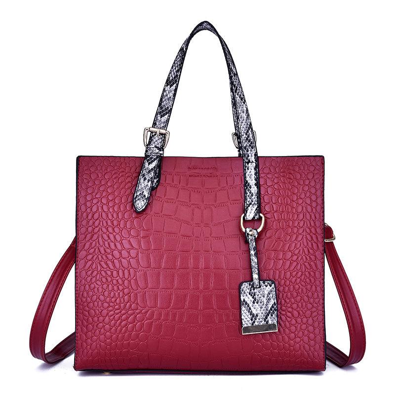Crocodile Embossed Square Satchel Bag with Snake Skin Straps