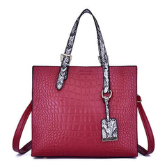 Crocodile Embossed Square Satchel Bag with Snake Skin Straps
