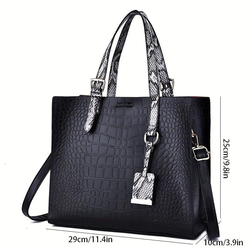 Crocodile Embossed Square Satchel Bag with Snake Skin Straps