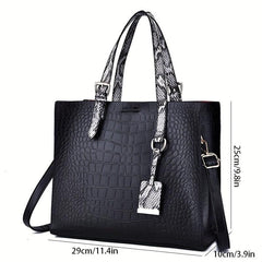 Crocodile Embossed Square Satchel Bag with Snake Skin Straps
