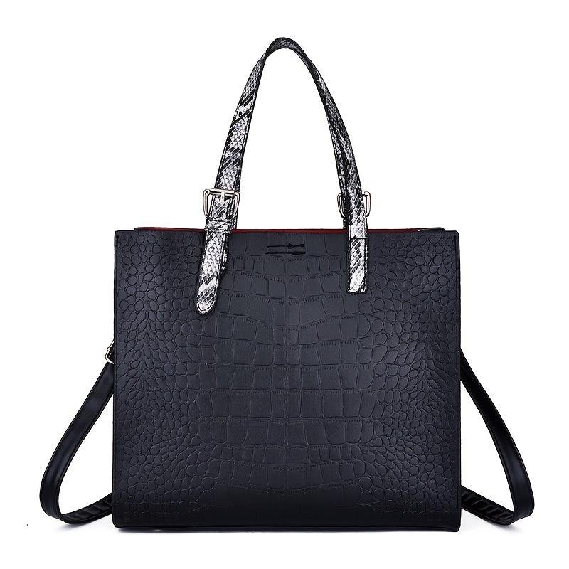 Crocodile Embossed Square Satchel Bag with Snake Skin Straps
