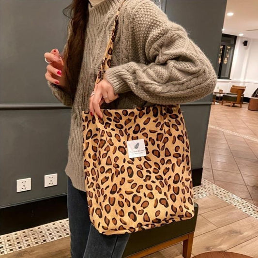 Leopard Print Corduroy Tote Bag Vintage Literary Shoulder Bag Large Capacity