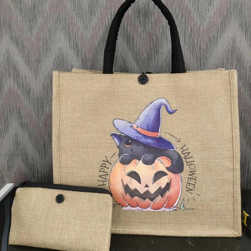 Halloween Pumpkin Candy Bag Large Tote Reusable Shopping Bag with Coin Purse