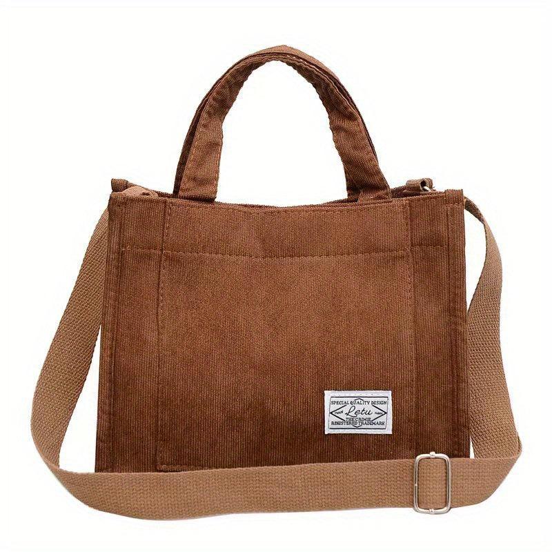 Women's Corduroy Tote Bag with Letter Patch - Crossbody Satchel Purse