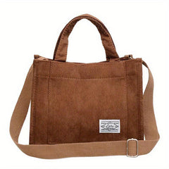 Women's Corduroy Tote Bag with Letter Patch - Crossbody Satchel Purse