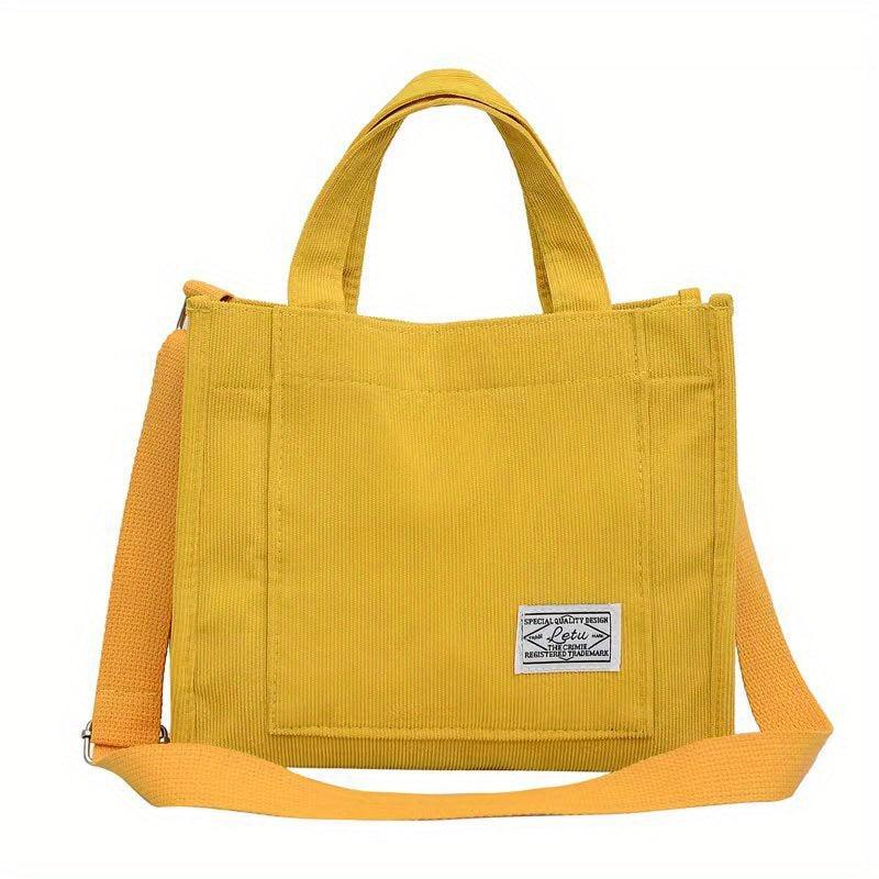 Women's Corduroy Tote Bag with Letter Patch - Crossbody Satchel Purse