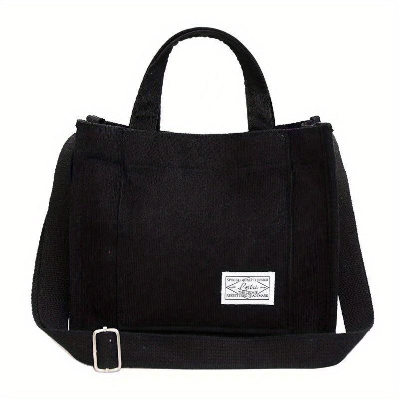 Women's Corduroy Tote Bag with Letter Patch - Crossbody Satchel Purse