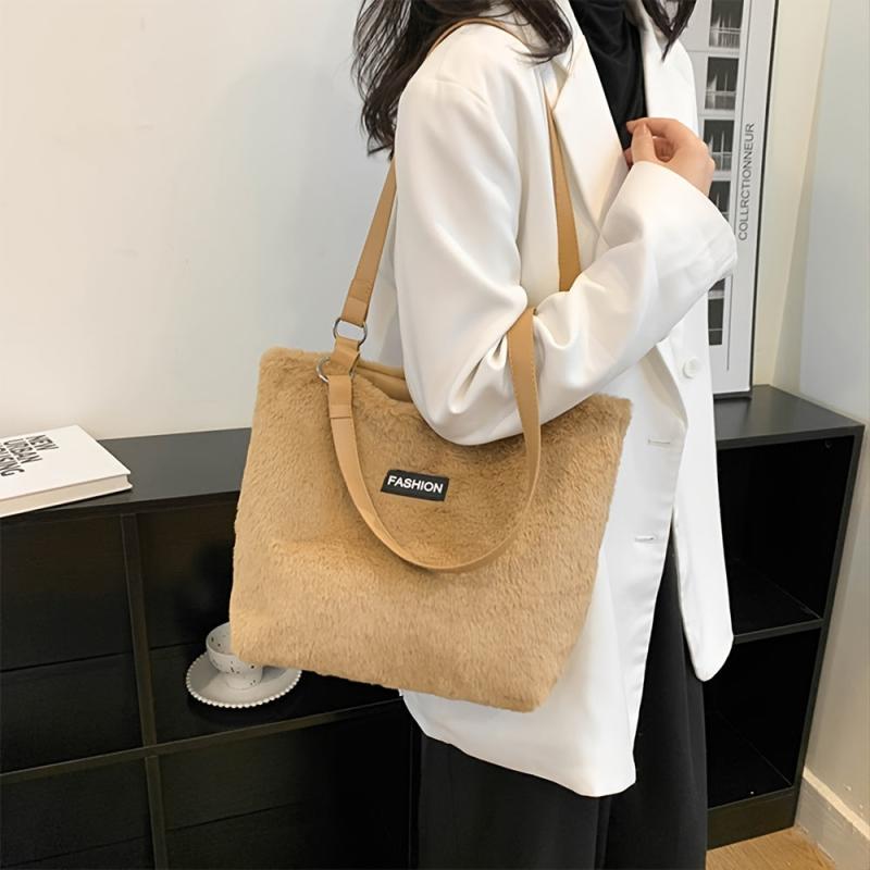 Plush Shoulder Bag Large Shopping Tote with Zipper